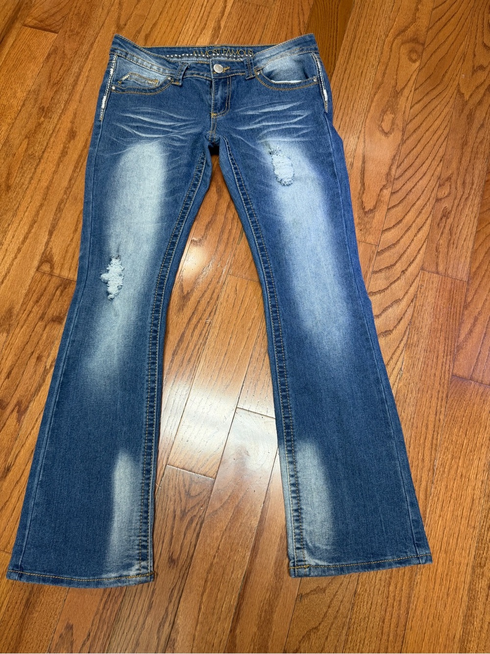 Almost Famous Women’s Distressed Low Rise Bootcut Jeans Medium Wash Size 9